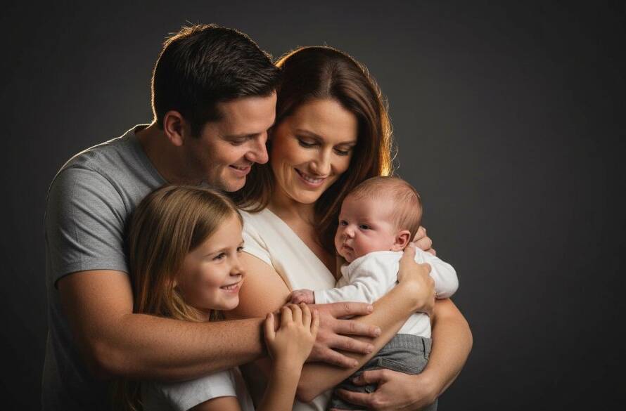 An emotionally powerful studio portrait capturing a family's joyous embrace, bathed in dramatic, soft light, showcasing the connection achieved through Doncaster East Studio Photography for Timeless Family Portraits.