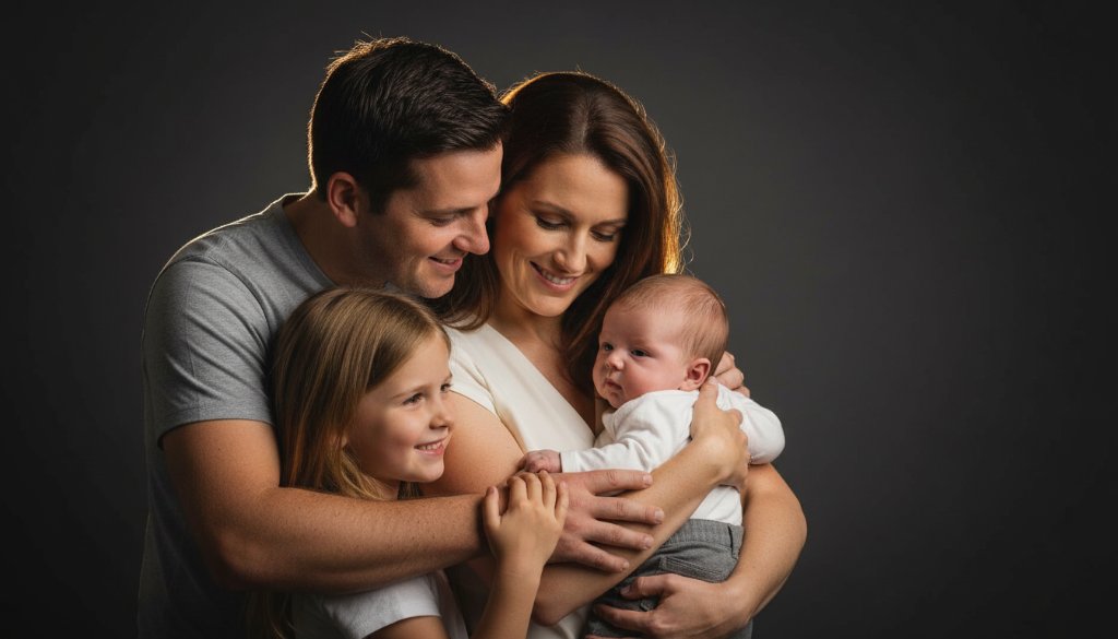 An emotionally powerful studio portrait capturing a family's joyous embrace, bathed in dramatic, soft light, showcasing the connection achieved through Doncaster East Studio Photography for Timeless Family Portraits.