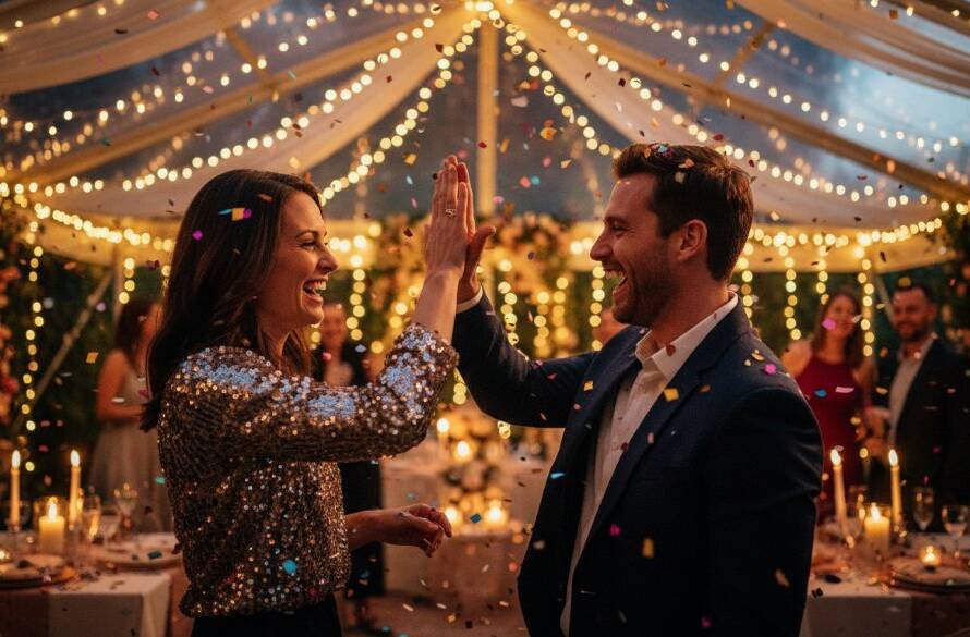 A candid, joyous epic moment captured in Doncaster East vibrant party photography moments, featuring guests laughing and dancing under sparkling fairy lights at a beautifully decorated backyard party, professional cinematic style.