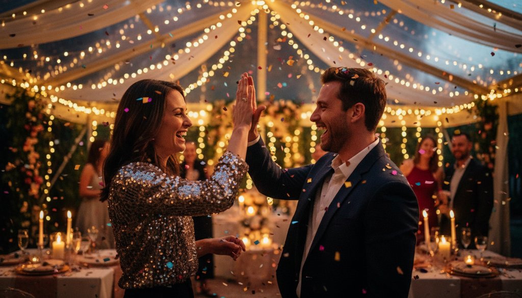 A candid, joyous epic moment captured in Doncaster East vibrant party photography moments, featuring guests laughing and dancing under sparkling fairy lights at a beautifully decorated backyard party, professional cinematic style.