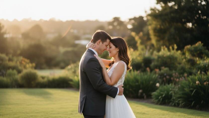 Doncaster East Wedding Photography Storytelling: A romantic, epic moment captured as a newly married couple shares a tender kiss under the soft, golden hour light in a lush garden setting within Doncaster East, Victoria, featuring dramatic backlighting and professional colour grading.