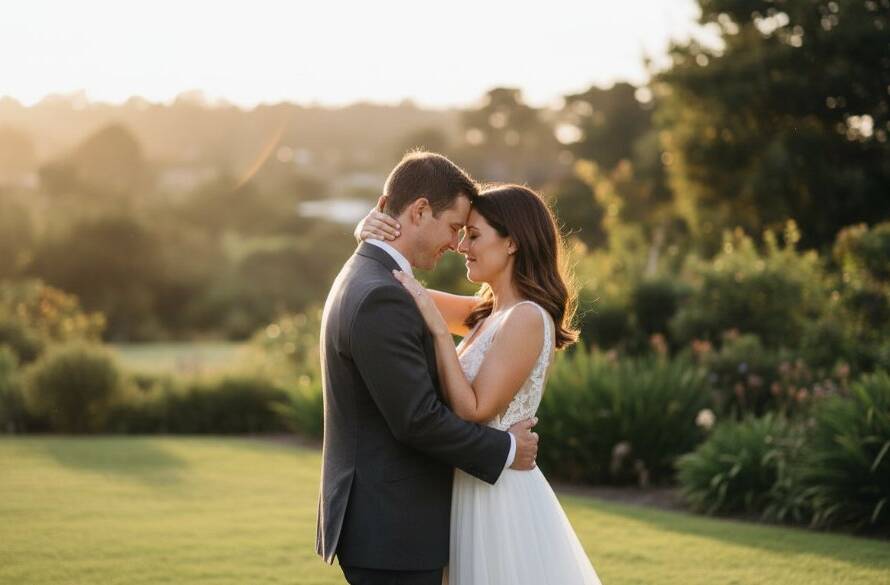 Doncaster East Wedding Photography Storytelling: A romantic, epic moment captured as a newly married couple shares a tender kiss under the soft, golden hour light in a lush garden setting within Doncaster East, Victoria, featuring dramatic backlighting and professional colour grading.