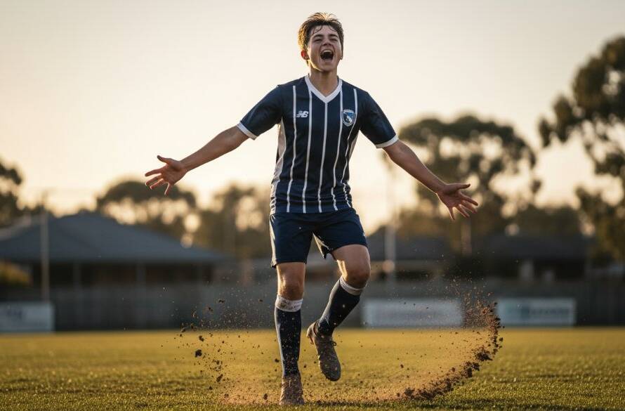 An epic moment of Doncaster East youth sports photography excellence, showing a young athlete mid-action, dramatically lit on a sports field, celebrating a goal.