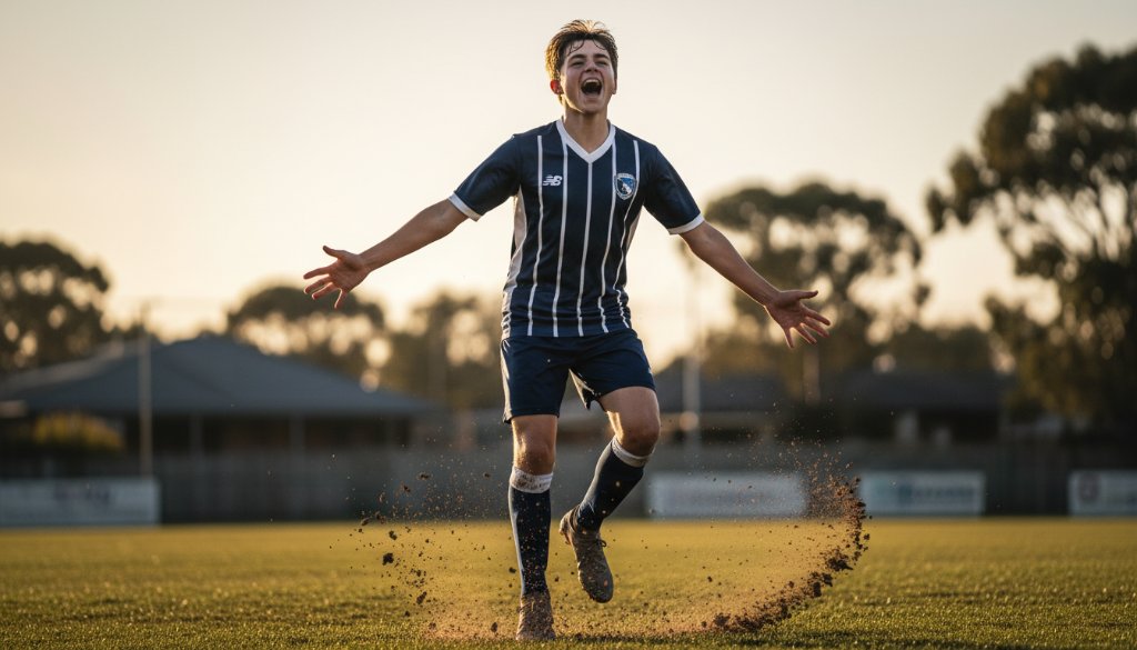 An epic moment of Doncaster East youth sports photography excellence, showing a young athlete mid-action, dramatically lit on a sports field, celebrating a goal.
