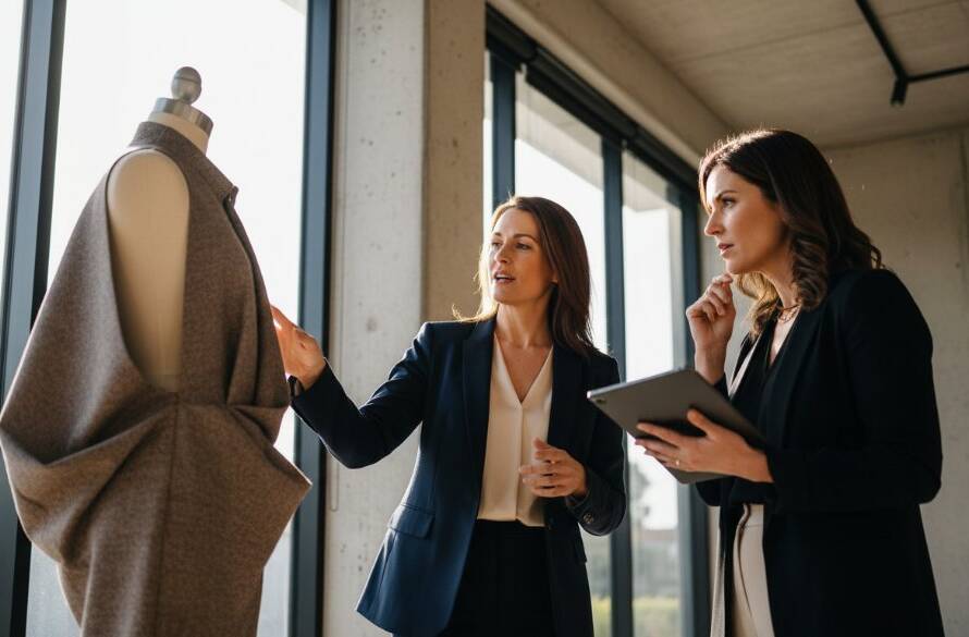 A dynamic wide-angle shot capturing a fashion designer passionately explaining her latest collection to an editor amidst the vibrant, natural light of a modern studio in Doncaster, Victoria, showcasing the power of Doncaster editorial photography for modern brand stories.