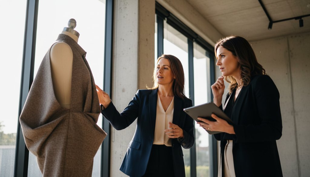 A dynamic wide-angle shot capturing a fashion designer passionately explaining her latest collection to an editor amidst the vibrant, natural light of a modern studio in Doncaster, Victoria, showcasing the power of Doncaster editorial photography for modern brand stories.