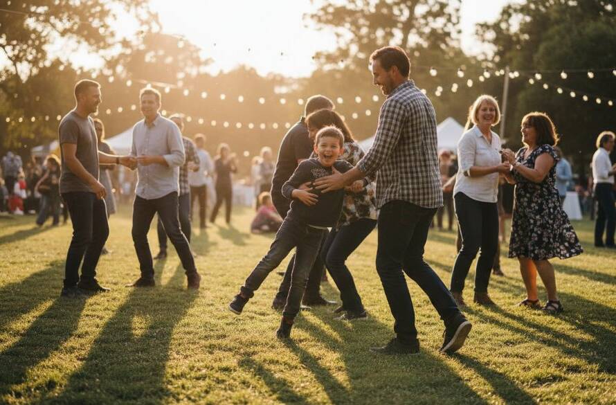 Doncaster event photography capturing genuine joy, a wide shot capturing a vibrant celebration at a community hall in Doncaster, Victoria, with guests laughing and dancing under string lights, a truly epic moment.