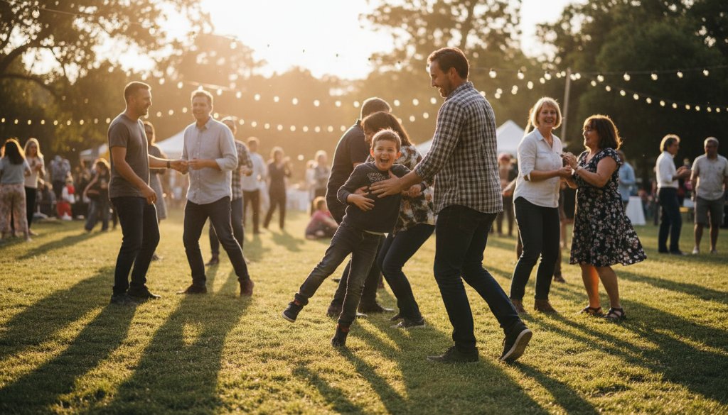Doncaster event photography capturing genuine joy, a wide shot capturing a vibrant celebration at a community hall in Doncaster, Victoria, with guests laughing and dancing under string lights, a truly epic moment.