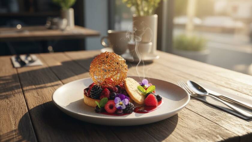 An epic moment captured: A beautifully styled, close-up shot of a gourmet dish, possibly a vibrant dessert or a perfectly seared steak, bathed in warm, dramatic natural light coming through a large window in a sophisticated Doncaster restaurant, showcasing the texture and steam, a true testament to Doncaster Flavour Photography for Local Eateries.