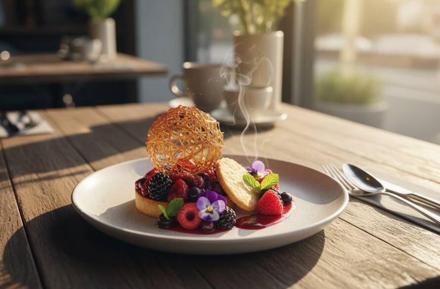 An epic moment captured: A beautifully styled, close-up shot of a gourmet dish, possibly a vibrant dessert or a perfectly seared steak, bathed in warm, dramatic natural light coming through a large window in a sophisticated Doncaster restaurant, showcasing the texture and steam, a true testament to Doncaster Flavour Photography for Local Eateries.