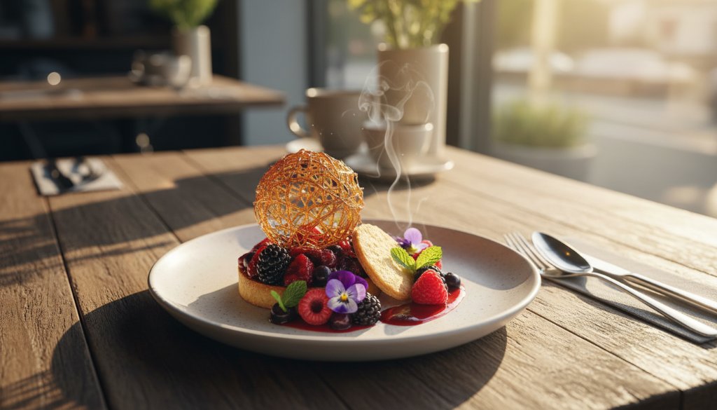 An epic moment captured: A beautifully styled, close-up shot of a gourmet dish, possibly a vibrant dessert or a perfectly seared steak, bathed in warm, dramatic natural light coming through a large window in a sophisticated Doncaster restaurant, showcasing the texture and steam, a true testament to Doncaster Flavour Photography for Local Eateries.