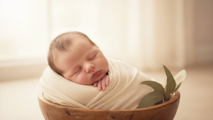 A tender, dreamlike portrait of a newborn baby swaddled in soft fabric, nestled in a wooden prop, with parents' hands gently cradling, bathed in warm, soft natural light, set in a rustic studio near Doncaster, Victoria. Doncaster newborn photography for heartfelt family memories is beautifully showcased.