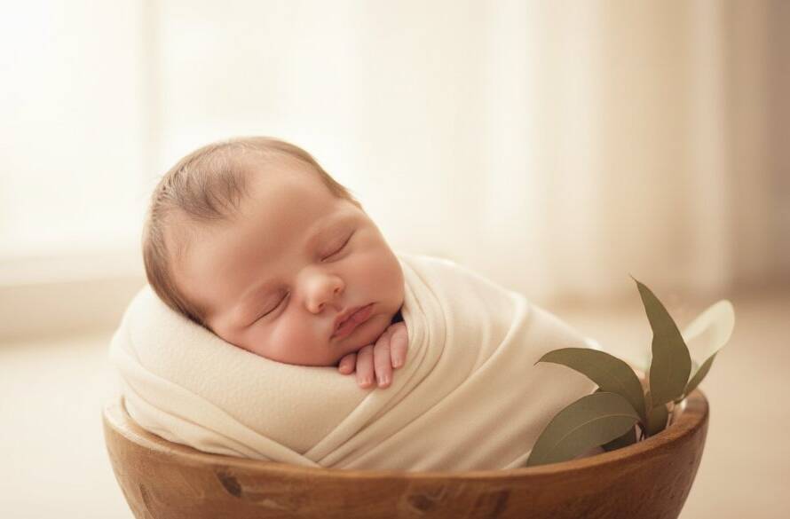 A tender, dreamlike portrait of a newborn baby swaddled in soft fabric, nestled in a wooden prop, with parents' hands gently cradling, bathed in warm, soft natural light, set in a rustic studio near Doncaster, Victoria. Doncaster newborn photography for heartfelt family memories is beautifully showcased.