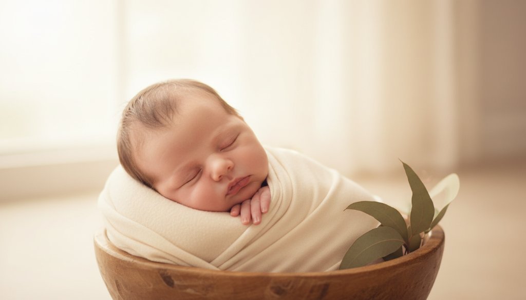 A tender, dreamlike portrait of a newborn baby swaddled in soft fabric, nestled in a wooden prop, with parents' hands gently cradling, bathed in warm, soft natural light, set in a rustic studio near Doncaster, Victoria. Doncaster newborn photography for heartfelt family memories is beautifully showcased.