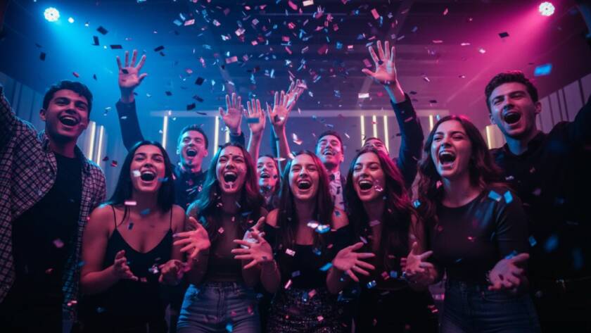 Vibrant wide-angle shot of a dynamic group of friends laughing and cheering under colourful disco lights at a Doncaster party, capturing an unforgettable celebration moment with professional flash and cinematic colour grading, perfect for Doncaster party photography.