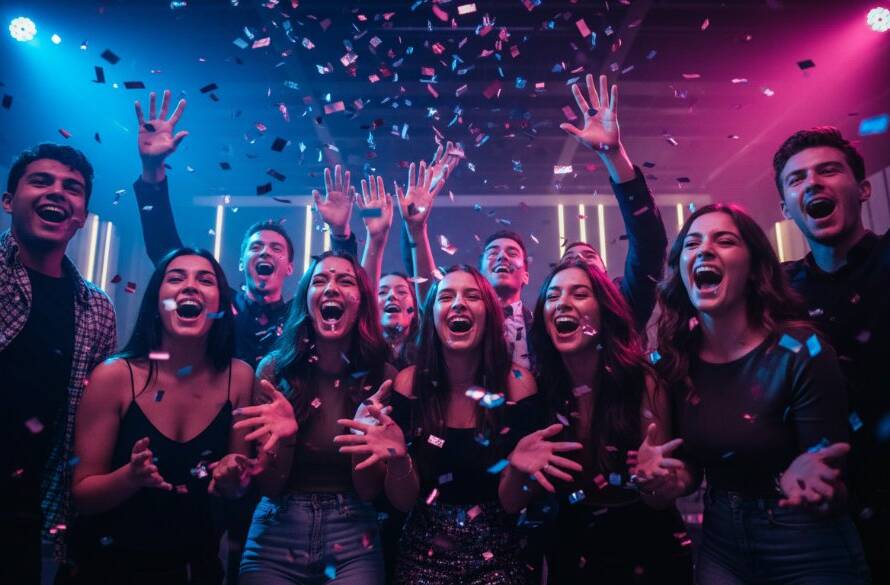 Vibrant wide-angle shot of a dynamic group of friends laughing and cheering under colourful disco lights at a Doncaster party, capturing an unforgettable celebration moment with professional flash and cinematic colour grading, perfect for Doncaster party photography.