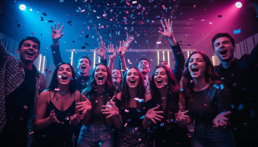 Vibrant wide-angle shot of a dynamic group of friends laughing and cheering under colourful disco lights at a Doncaster party, capturing an unforgettable celebration moment with professional flash and cinematic colour grading, perfect for Doncaster party photography.