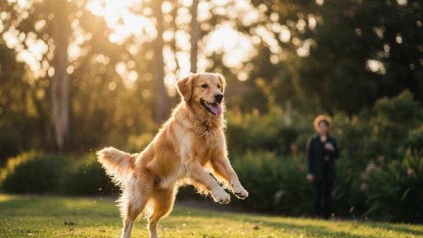 A heartwarming, professional Doncaster pet photography vibrant family moments portrait, featuring a golden retriever joyfully leaping in a sunny Doncaster park, with its owner laughing in the background, captured with dramatic lighting and professional colour grading.
