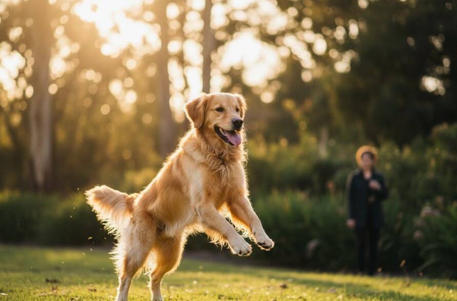 A heartwarming, professional Doncaster pet photography vibrant family moments portrait, featuring a golden retriever joyfully leaping in a sunny Doncaster park, with its owner laughing in the background, captured with dramatic lighting and professional colour grading.