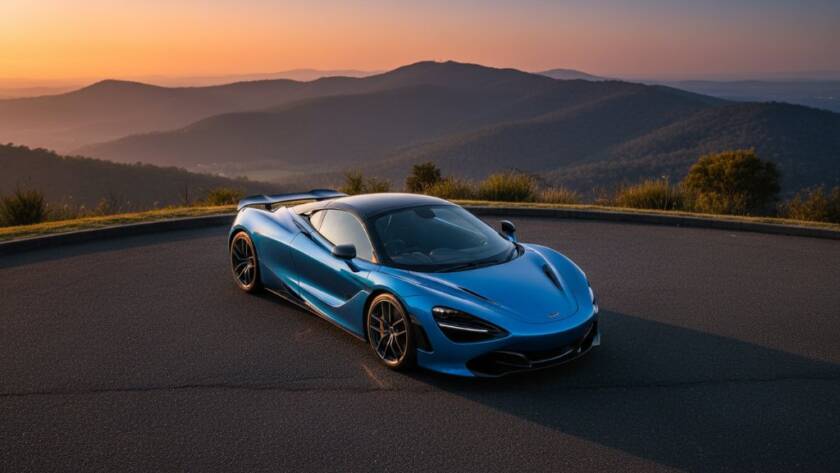 Dramatic night shot of a sleek, black luxury sports car parked majestically on a tree-lined street in Doncaster, illuminated by the glow of streetlights and distant city lights, showcasing Doncaster prestige automotive photography in an epic, cinematic style.