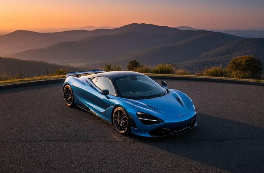 Dramatic night shot of a sleek, black luxury sports car parked majestically on a tree-lined street in Doncaster, illuminated by the glow of streetlights and distant city lights, showcasing Doncaster prestige automotive photography in an epic, cinematic style.