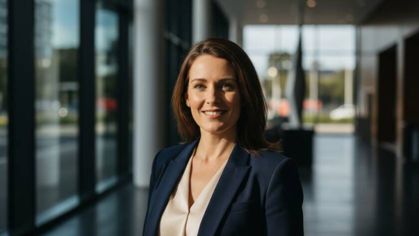 A stunning, cinematic 'epic moment' style professional portrait of a confident business professional, taken in Doncaster, Victoria, featuring soft natural light filtering through modern architecture, showcasing Doncaster professional headshots for career advancement Victoria with a sophisticated, contemporary feel.