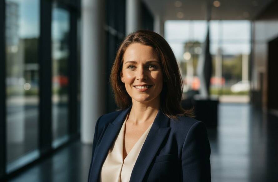 A stunning, cinematic 'epic moment' style professional portrait of a confident business professional, taken in Doncaster, Victoria, featuring soft natural light filtering through modern architecture, showcasing Doncaster professional headshots for career advancement Victoria with a sophisticated, contemporary feel.