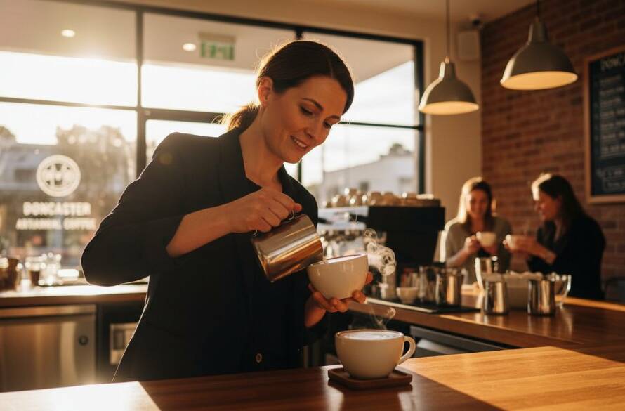 An epic wide-angle photograph of a barista expertly pouring latte art in a sunlit Doncaster, Victoria coffee shop, ideal for Doncaster Victoria bespoke advertising photography, highlighting craftsmanship and brand appeal.