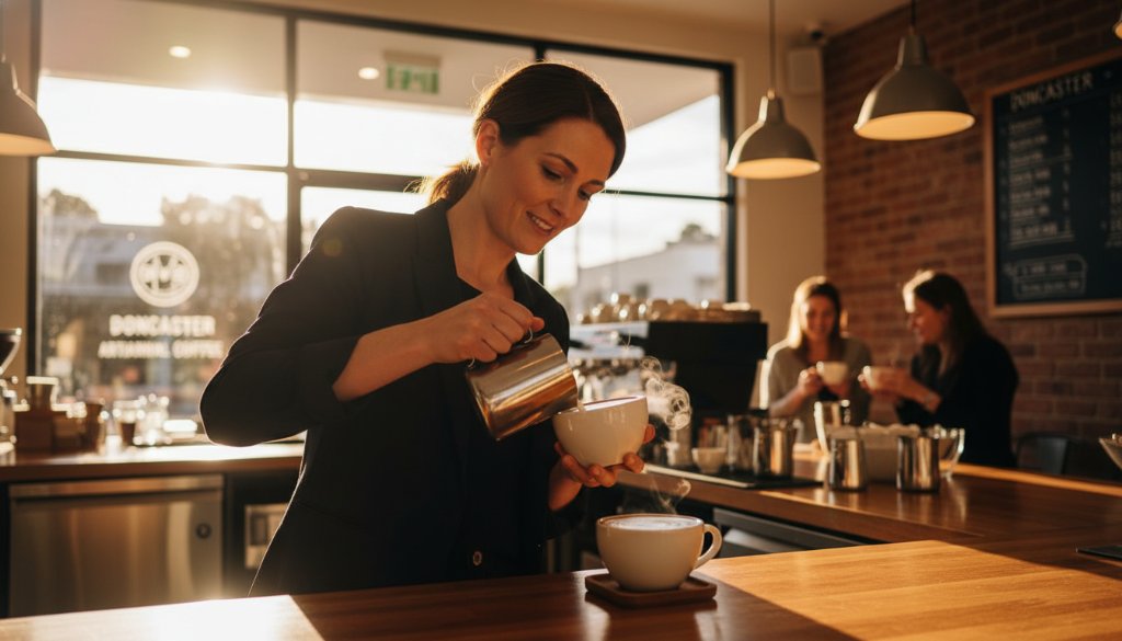 An epic wide-angle photograph of a barista expertly pouring latte art in a sunlit Doncaster, Victoria coffee shop, ideal for Doncaster Victoria bespoke advertising photography, highlighting craftsmanship and brand appeal.