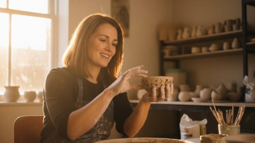 An inspiring candid shot of a local small business owner in Doncaster Victoria proudly showcasing their handmade products, bathed in soft, warm morning light, representing the impact of professional Doncaster Victoria branding photography for local businesses.