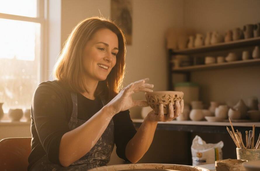 An inspiring candid shot of a local small business owner in Doncaster Victoria proudly showcasing their handmade products, bathed in soft, warm morning light, representing the impact of professional Doncaster Victoria branding photography for local businesses.