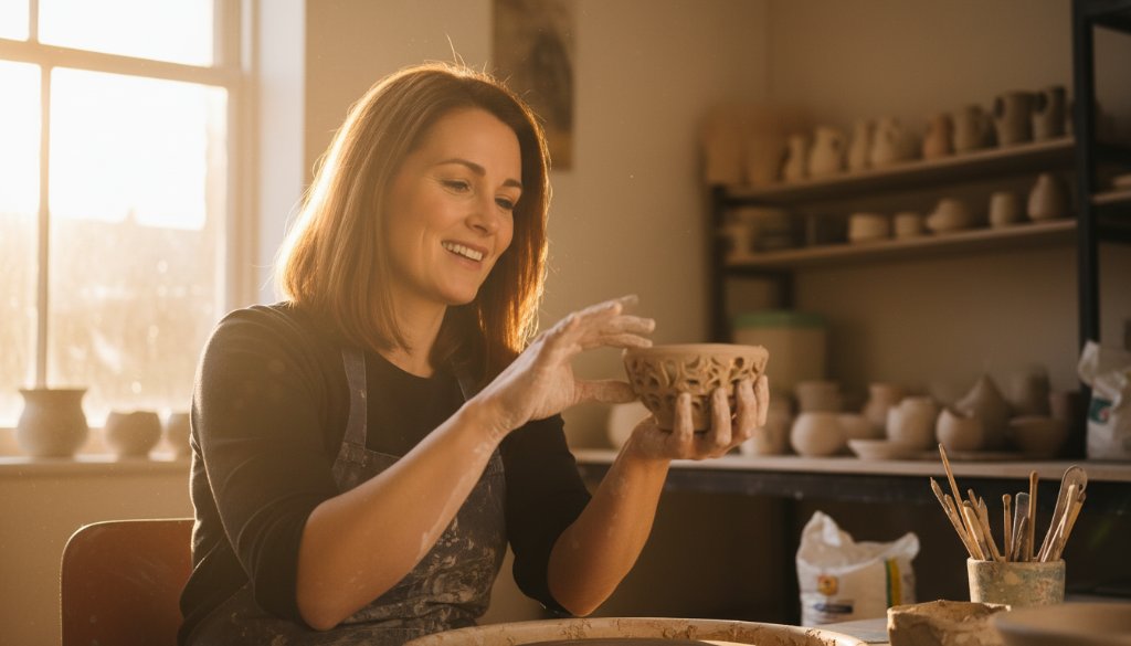 An inspiring candid shot of a local small business owner in Doncaster Victoria proudly showcasing their handmade products, bathed in soft, warm morning light, representing the impact of professional Doncaster Victoria branding photography for local businesses.
