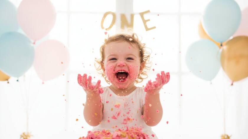 A Doncaster Victoria Cake Smash Photographer Capturing Joy: a close-up, dramatic shot of a one-year-old child covered in cake, laughing exuberantly amidst a beautifully styled pastel setting, crumbs flying, with soft, golden light highlighting their joyful expression during an epic first birthday celebration.