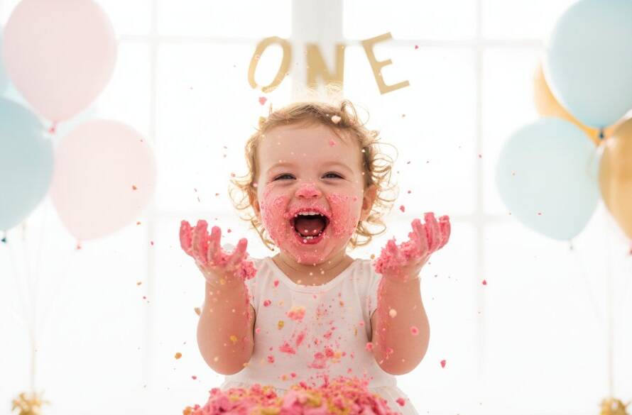 A Doncaster Victoria Cake Smash Photographer Capturing Joy: a close-up, dramatic shot of a one-year-old child covered in cake, laughing exuberantly amidst a beautifully styled pastel setting, crumbs flying, with soft, golden light highlighting their joyful expression during an epic first birthday celebration.