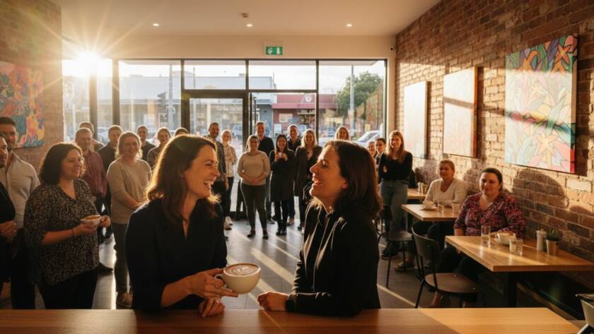 An inspiring wide shot capturing a vibrant local business launch event in Doncaster, Victoria, with a professional photographer discreetly documenting Doncaster Victoria commercial photography success stories, showcasing enthusiastic attendees and the brand's new product with dynamic, high-contrast lighting.