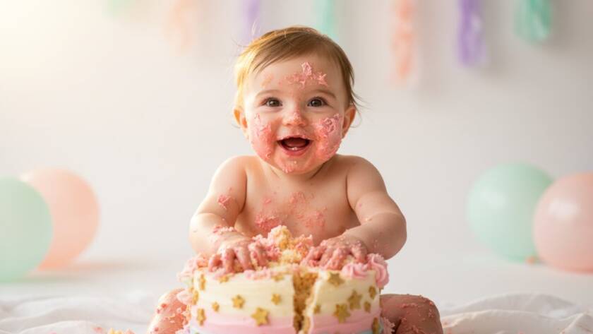 A joyful baby, covered in frosting from their Doncaster Victoria enchanting cake smash photography session, laughing exuberantly amidst colourful balloons and soft studio light, capturing an epic first birthday milestone.