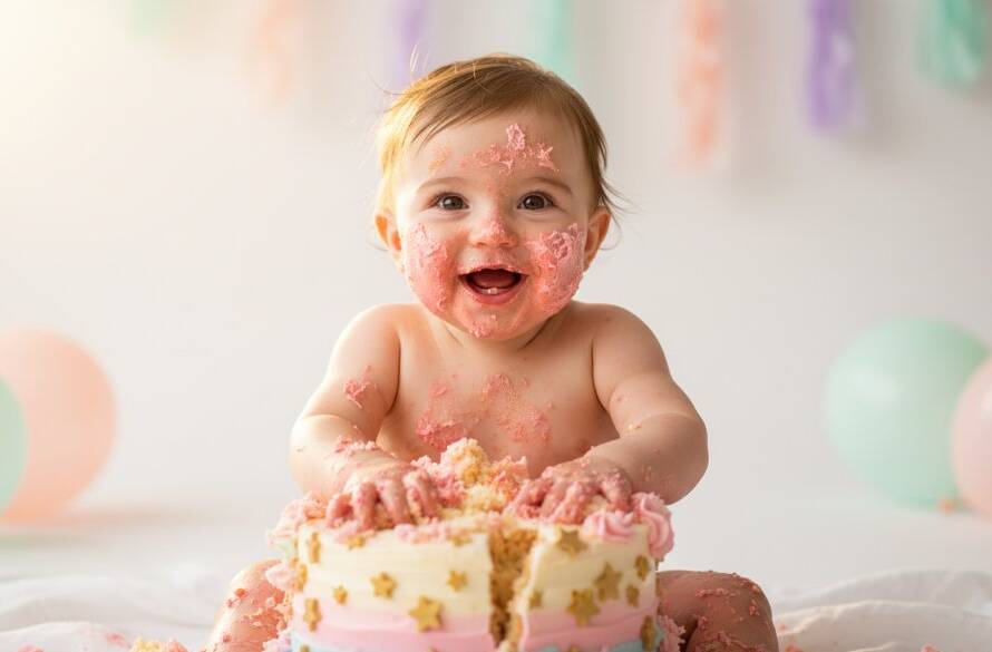 A joyful baby, covered in frosting from their Doncaster Victoria enchanting cake smash photography session, laughing exuberantly amidst colourful balloons and soft studio light, capturing an epic first birthday milestone.