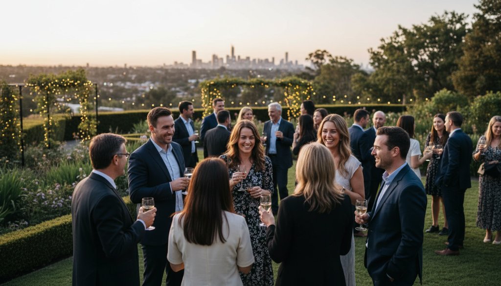 An epic moment from a vibrant outdoor celebration in Doncaster Victoria, featuring candid shots of guests laughing and cheering, perfectly capturing the Doncaster Victoria event photography memorable moments under dramatic sunset lighting with professional color grading.
