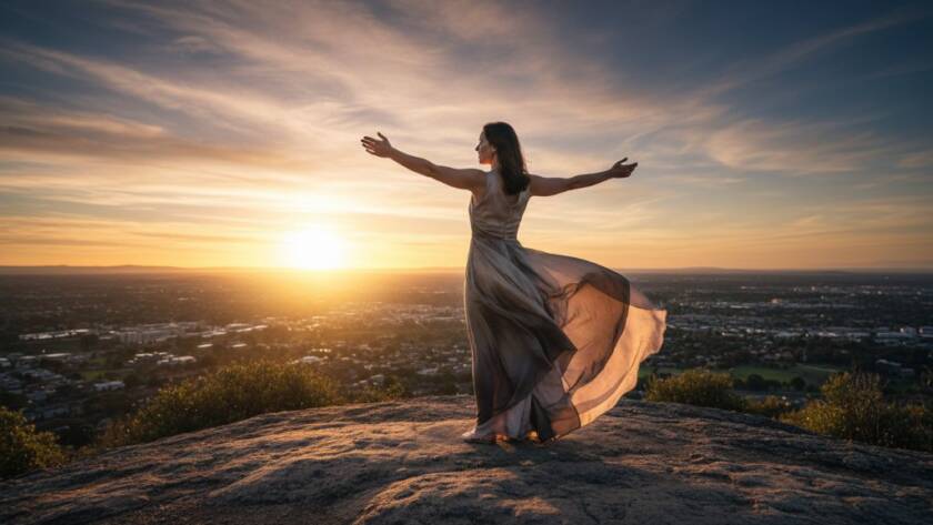 Doncaster Victoria fine art portraiture expressing true emotions captured in a dramatic, cinematic photograph of a subject silhouetted against a golden sunset over the Doncaster Hill lookout, evoking deep introspection and beauty.