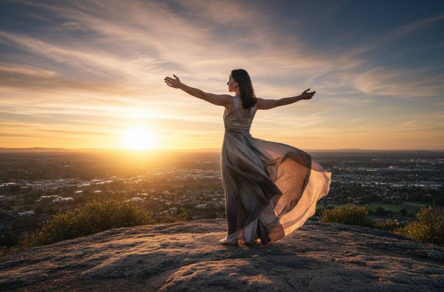Doncaster Victoria fine art portraiture expressing true emotions captured in a dramatic, cinematic photograph of a subject silhouetted against a golden sunset over the Doncaster Hill lookout, evoking deep introspection and beauty.