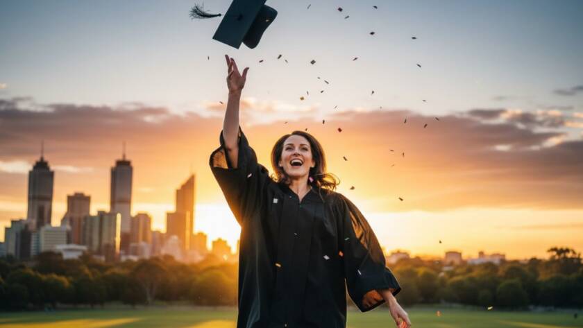 A proud graduate, cap mid-air, silhouetted against a golden sunset over the Doncaster skyline, celebrating their Doncaster Victoria graduation photo memories with a vibrant, epic pose, professionally captured.