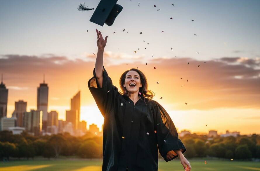 A proud graduate, cap mid-air, silhouetted against a golden sunset over the Doncaster skyline, celebrating their Doncaster Victoria graduation photo memories with a vibrant, epic pose, professionally captured.
