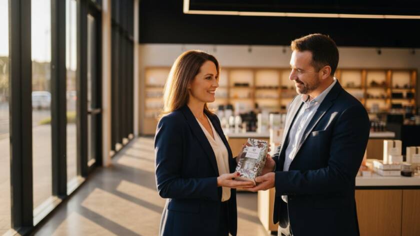 An epic, dramatically lit photograph showcasing a successful local business owner in Doncaster, Victoria, engaging with a client, captured through Doncaster Victoria local business brand photography, conveying trust and professionalism.