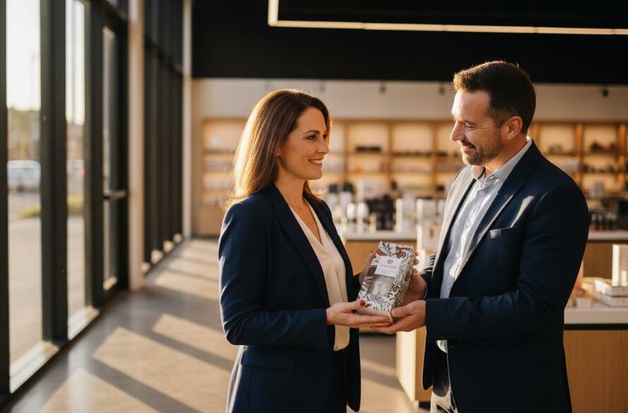 An epic, dramatically lit photograph showcasing a successful local business owner in Doncaster, Victoria, engaging with a client, captured through Doncaster Victoria local business brand photography, conveying trust and professionalism.