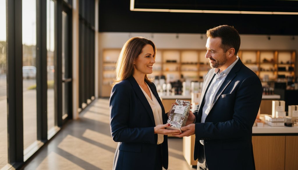 An epic, dramatically lit photograph showcasing a successful local business owner in Doncaster, Victoria, engaging with a client, captured through Doncaster Victoria local business brand photography, conveying trust and professionalism.
