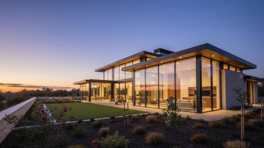 A wide-angle, epic moment shot showcasing a luxurious, modern home in Doncaster, Victoria, at twilight, with interior lights glowing warmly and a vibrant sunset sky reflecting in large windows, illustrating Doncaster Victoria property photography excellence.