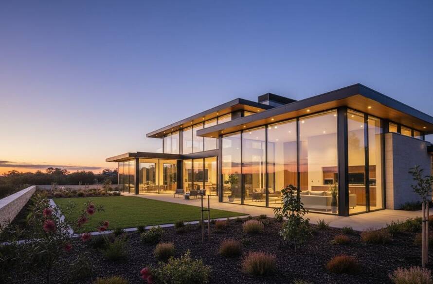 A wide-angle, epic moment shot showcasing a luxurious, modern home in Doncaster, Victoria, at twilight, with interior lights glowing warmly and a vibrant sunset sky reflecting in large windows, illustrating Doncaster Victoria property photography excellence.