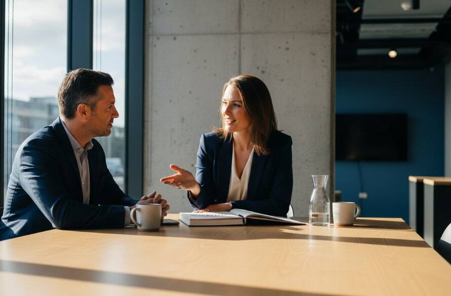 Dynamic wide shot of a small business owner, radiating confidence during a Doncaster Victoria small business branding photoshoot, captured against a vibrant, modern cafe interior with professional lighting highlighting their authentic interaction with a customer, reflecting the bustling local community spirit of Doncaster, Victoria.