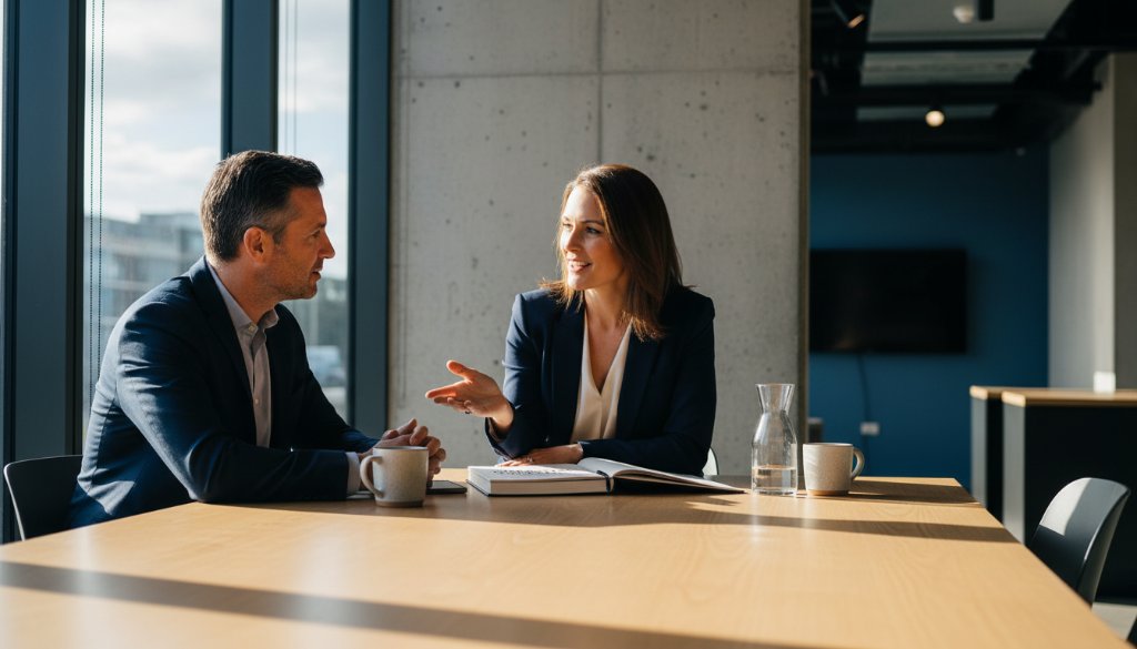Dynamic wide shot of a small business owner, radiating confidence during a Doncaster Victoria small business branding photoshoot, captured against a vibrant, modern cafe interior with professional lighting highlighting their authentic interaction with a customer, reflecting the bustling local community spirit of Doncaster, Victoria.