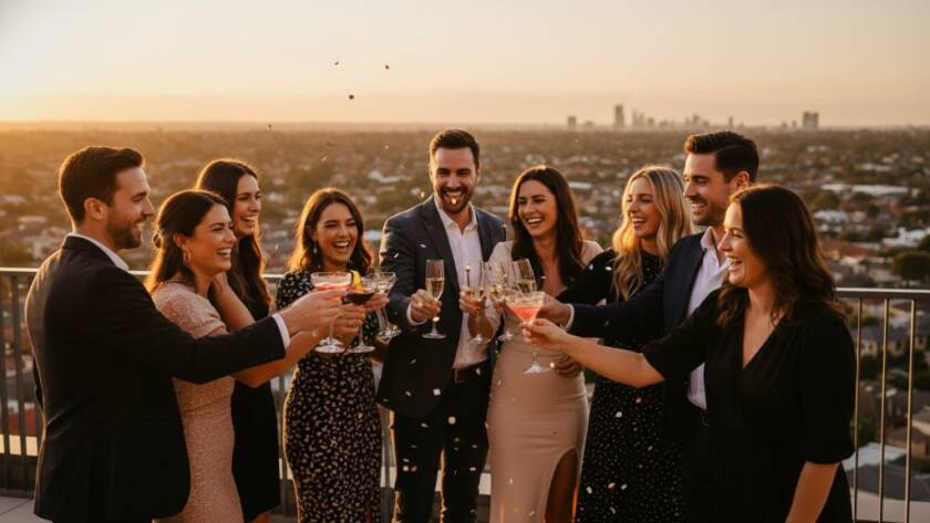 A dynamic, wide-angle shot capturing a peak moment of joy at a celebratory gathering in Doncaster, Victoria, with guests laughing and dancing under string lights, professionally lit to highlight the vibrant energy, perfect for Doncaster Victoria vibrant party photography.
